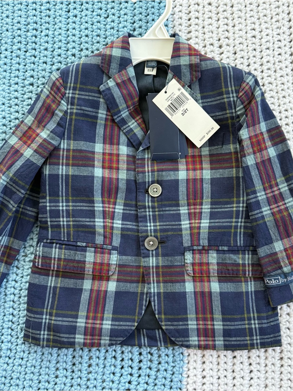 Ralph Lauren Boys Navy Plaid Blazer with Red & Light Blue Accents
